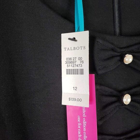 Talbots Dress Sheath Womens Size 12 Black Long Sleeve Bow Midi New - Picture 8 of 9